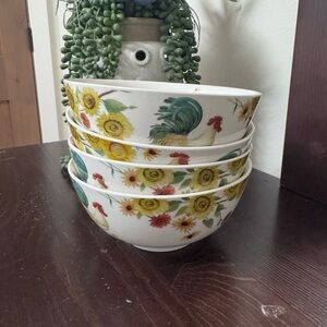 Pfaltzgraff Garden Rooster 4 Bowls With Sunflower & Chick Accent 5"